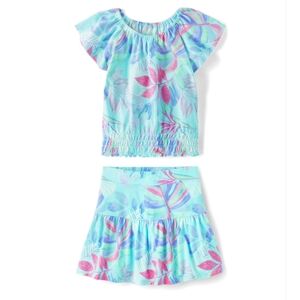 Childrens Place Tropical Print Skort Set Pink Blue Top Skirt Girls Size XL 14